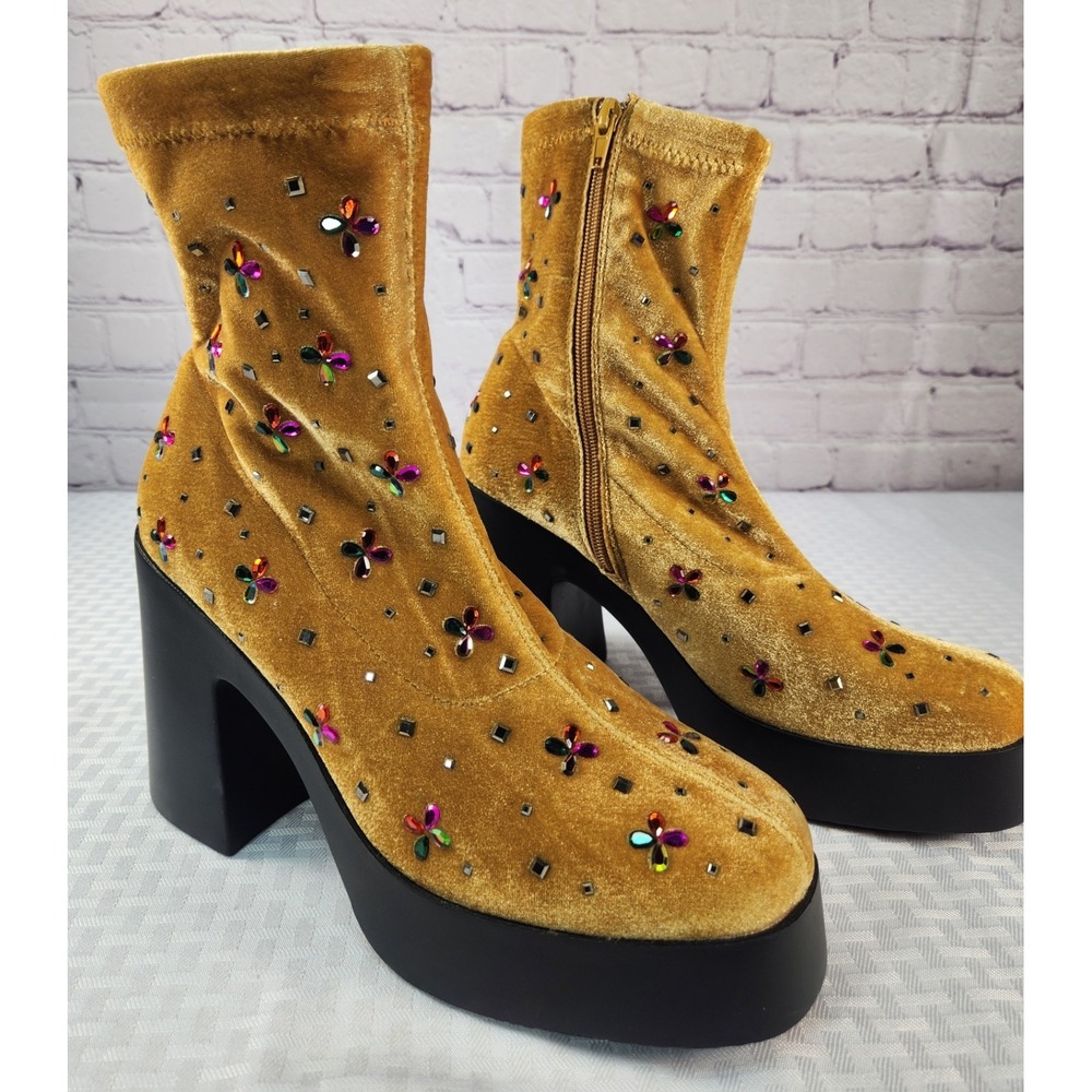 Betsey Johnson Harriet Velvet Sock Booties Gold Marigold Rhinestone Size 11 NWOT